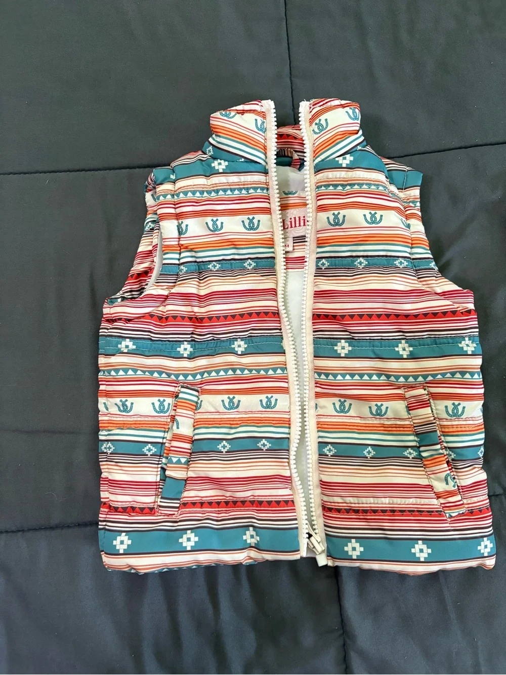May Lilly Striped Southwestern Puffer Vest in Teal, Coral & Cream